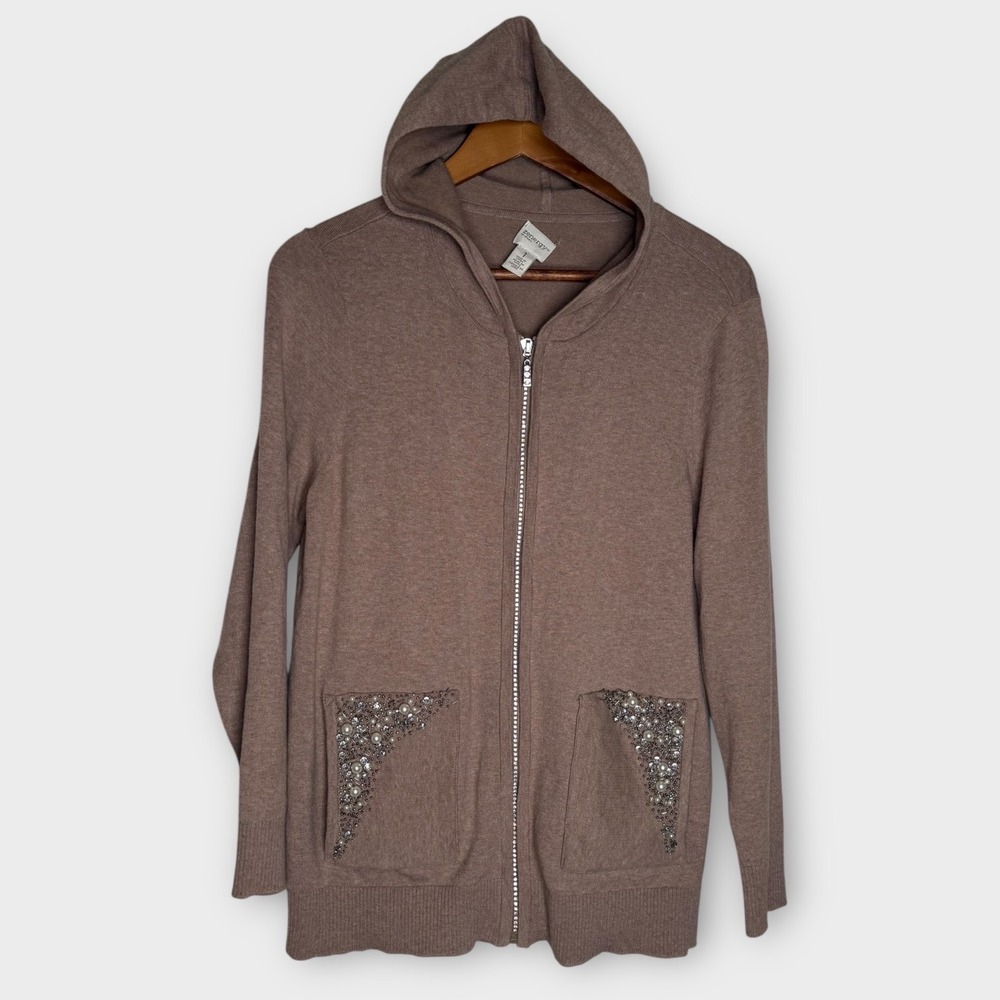 Zenergy Chico's Cotton Cashmere Beaded Zip Front Cardigan Sweater Pockets Medium